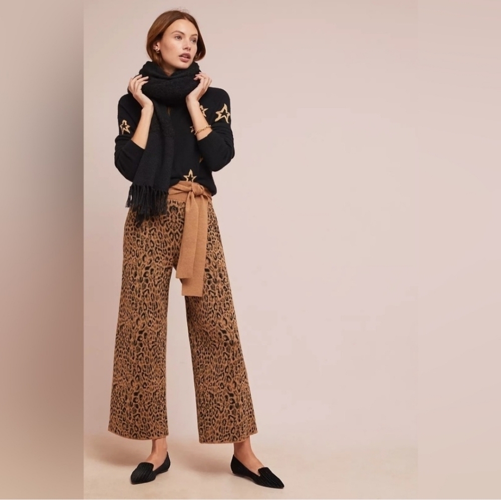 ANTHROPOLOGIE MOTH LEOPARD SWEATER-TIE KNIT WIDE LEG WOOL BLEND TROUSERS SZ XL